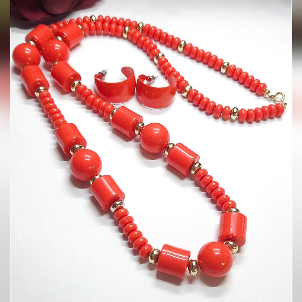 Vintage Bright Red Lucite Beaded Necklace & Matching Red Metal Hoop Earrings